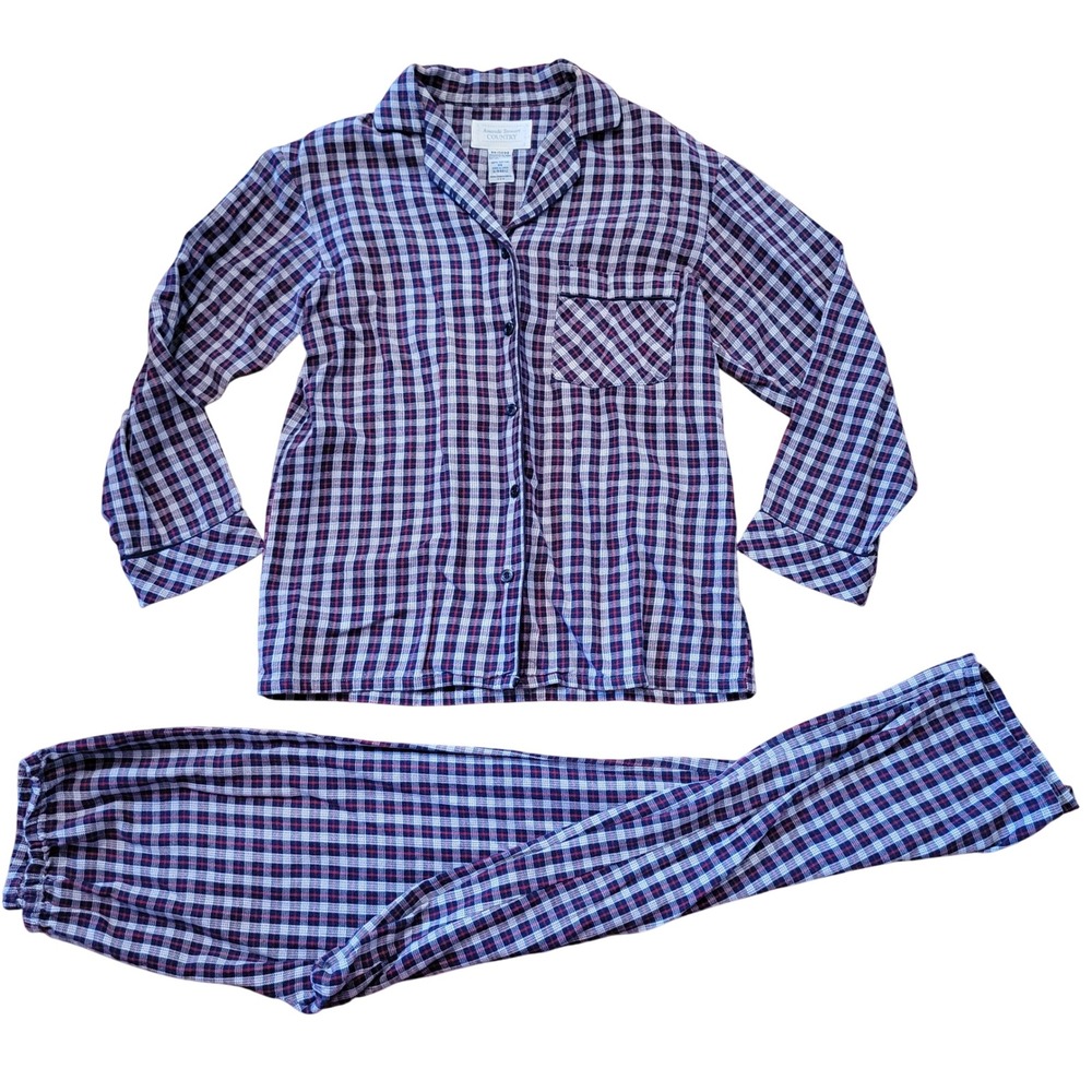 Amanda Stewart XS Pajamas Navy Red Plaid Cotton Flannel Set COUNTRY Farmhouse
